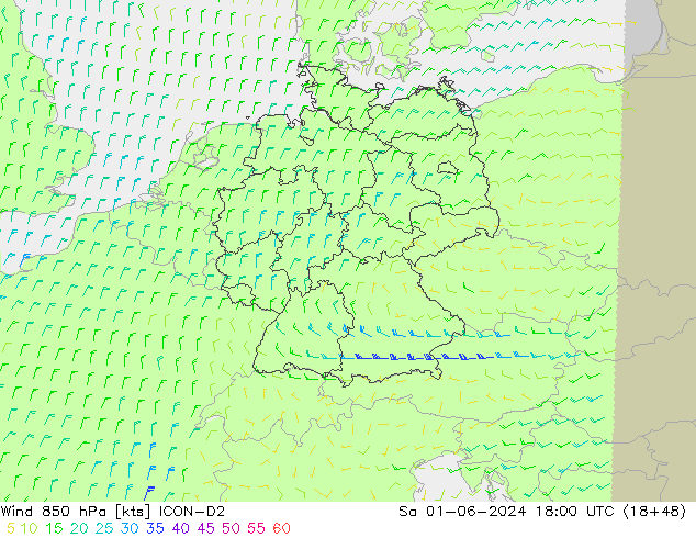 Wind 850 hPa ICON-D2 So 01.06.2024 18 UTC