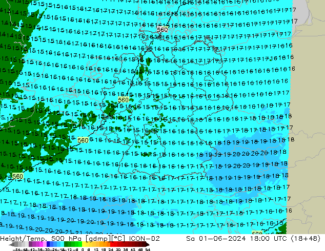 Height/Temp. 500 hPa ICON-D2 Sa 01.06.2024 18 UTC