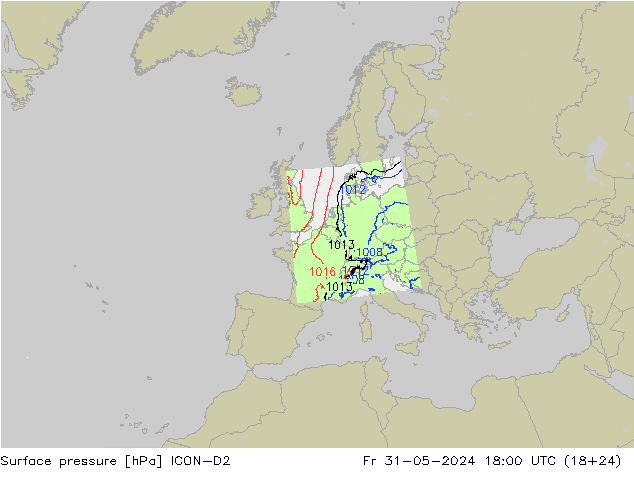 地面气压 ICON-D2 星期五 31.05.2024 18 UTC