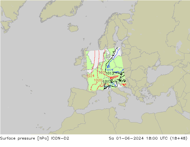 Surface pressure ICON-D2 Sa 01.06.2024 18 UTC