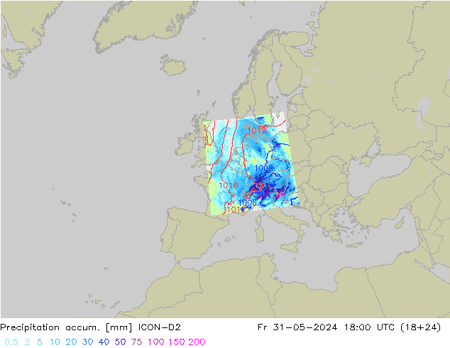 Precipitation accum. ICON-D2 ven 31.05.2024 18 UTC