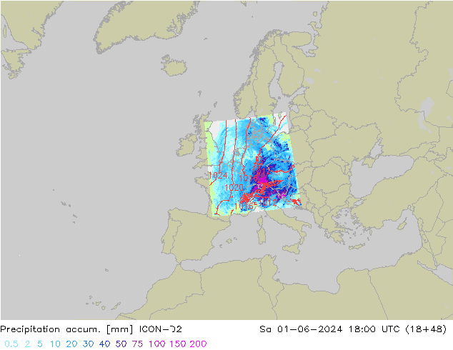 Totale neerslag ICON-D2 za 01.06.2024 18 UTC