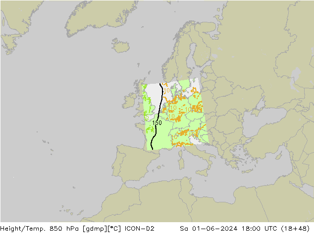 Height/Temp. 850 hPa ICON-D2  01.06.2024 18 UTC