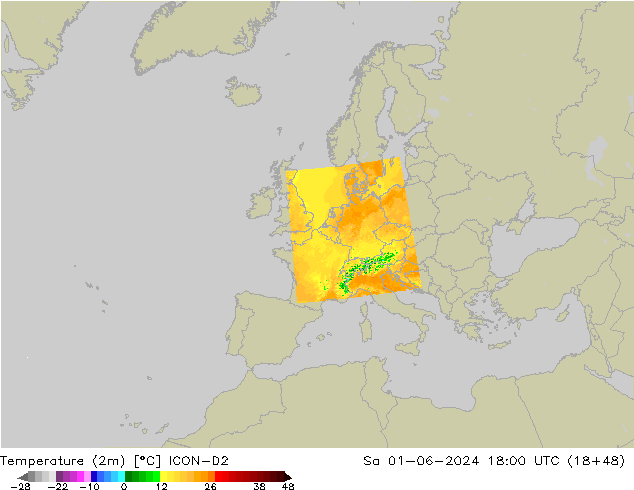 Temperatuurkaart (2m) ICON-D2 za 01.06.2024 18 UTC
