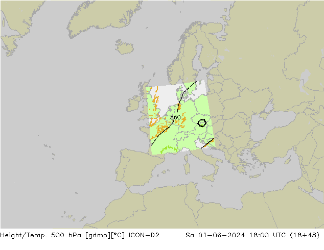 Height/Temp. 500 hPa ICON-D2  01.06.2024 18 UTC