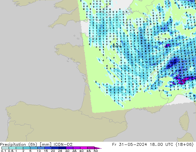 Precipitation (6h) ICON-D2 Fr 31.05.2024 00 UTC