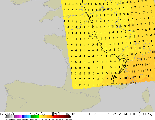 Height/Temp. 850 hPa ICON-D2 Do 30.05.2024 21 UTC