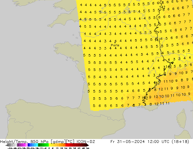 Height/Temp. 850 hPa ICON-D2 Fr 31.05.2024 12 UTC