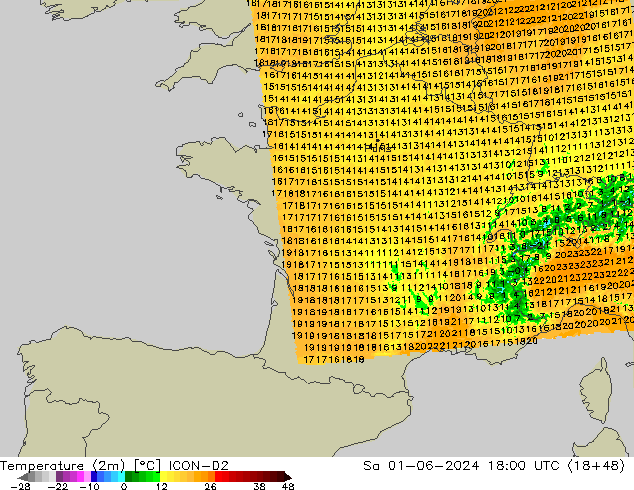 Temperatura (2m) ICON-D2 sáb 01.06.2024 18 UTC