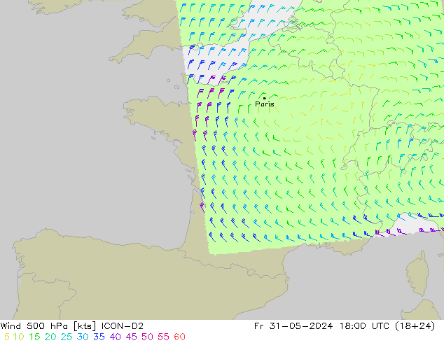 Wind 500 hPa ICON-D2 Fr 31.05.2024 18 UTC