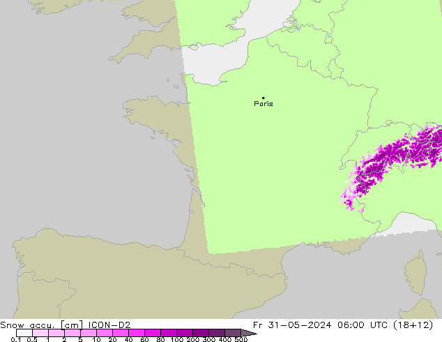 Snow accu. ICON-D2 ven 31.05.2024 06 UTC