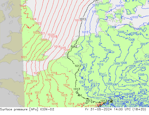 Surface pressure ICON-D2 Fr 31.05.2024 14 UTC