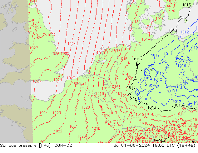 Surface pressure ICON-D2 Sa 01.06.2024 18 UTC