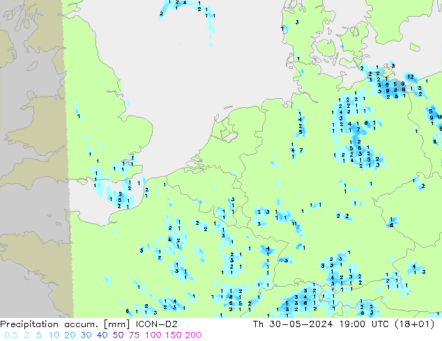 Precipitation accum. ICON-D2 星期四 30.05.2024 19 UTC