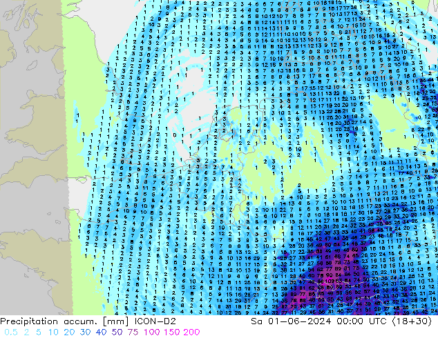 Precipitation accum. ICON-D2 Sa 01.06.2024 00 UTC