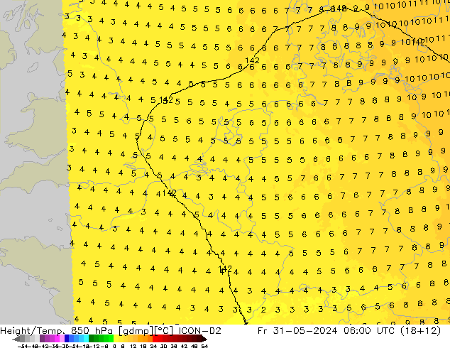 Height/Temp. 850 hPa ICON-D2 Fr 31.05.2024 06 UTC