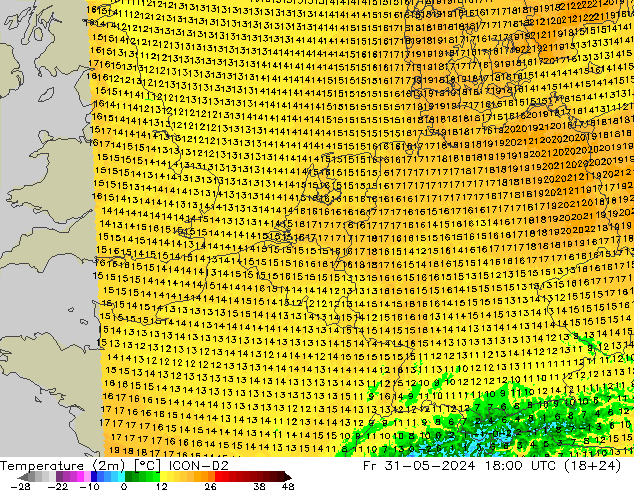 Temperaturkarte (2m) ICON-D2 Fr 31.05.2024 18 UTC