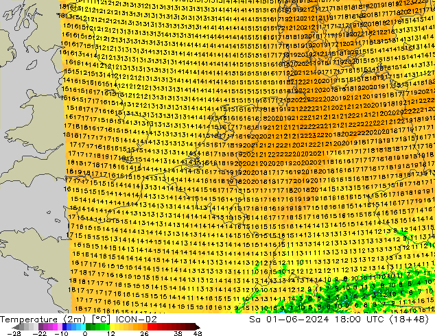 карта температуры ICON-D2 сб 01.06.2024 18 UTC