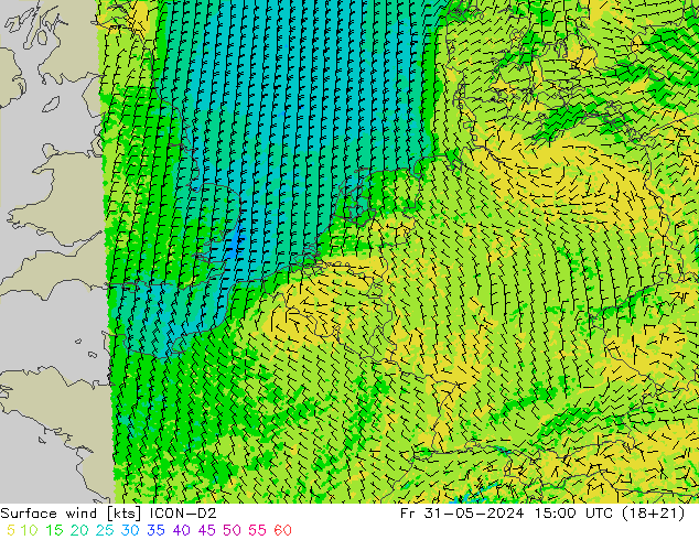 Surface wind ICON-D2 Fr 31.05.2024 15 UTC