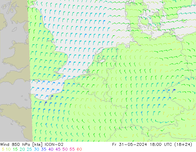 Wind 850 hPa ICON-D2 Fr 31.05.2024 18 UTC