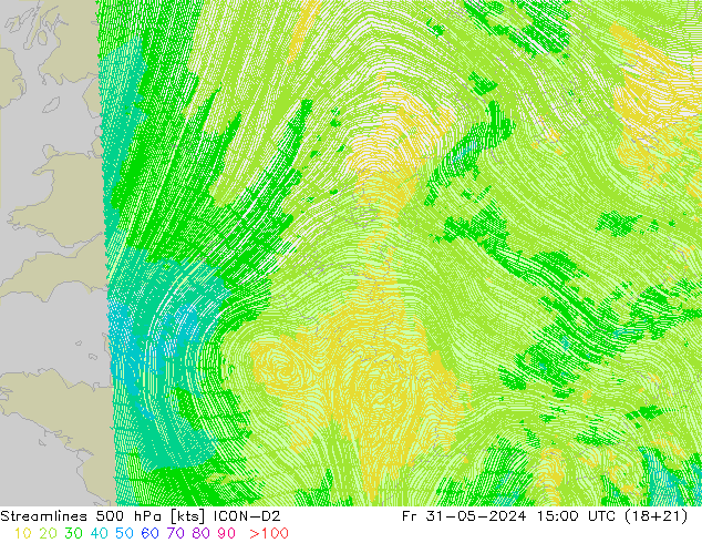 Stromlinien 500 hPa ICON-D2 Fr 31.05.2024 15 UTC