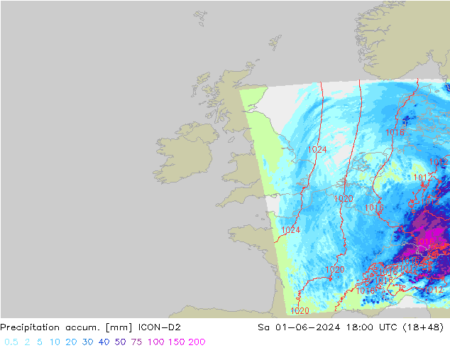 Precipitation accum. ICON-D2 so. 01.06.2024 18 UTC