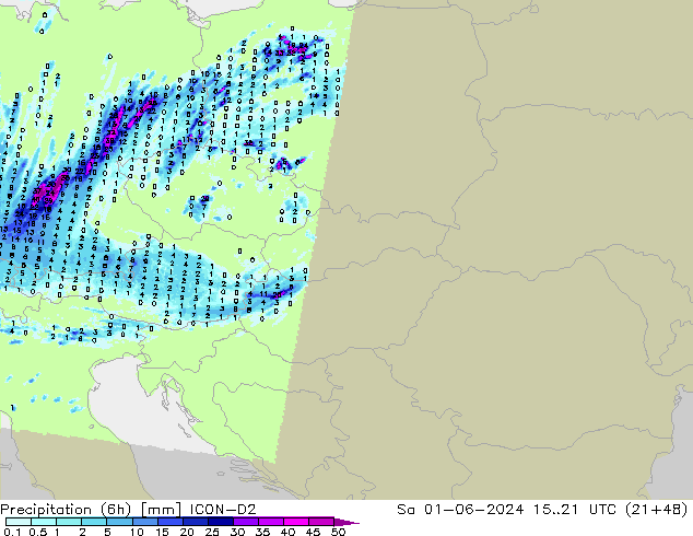 Precipitation (6h) ICON-D2 So 01.06.2024 21 UTC