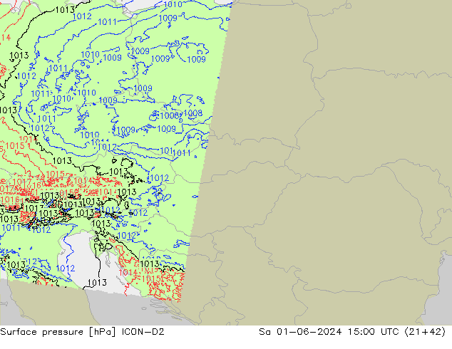 Surface pressure ICON-D2 Sa 01.06.2024 15 UTC