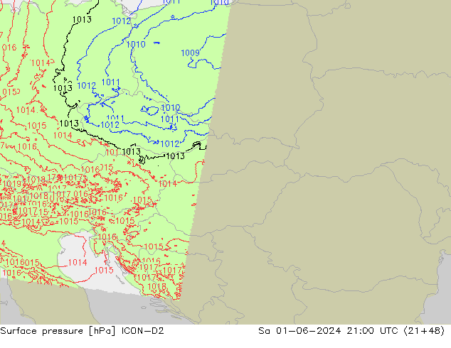 Presión superficial ICON-D2 sáb 01.06.2024 21 UTC