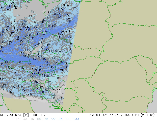 RH 700 hPa ICON-D2 So 01.06.2024 21 UTC