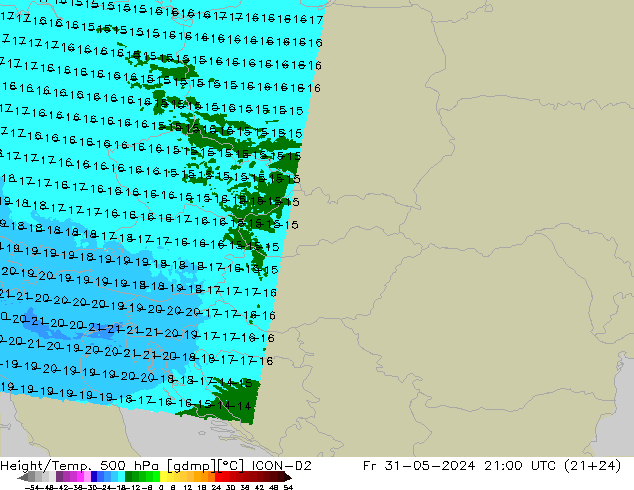 Height/Temp. 500 hPa ICON-D2 pt. 31.05.2024 21 UTC