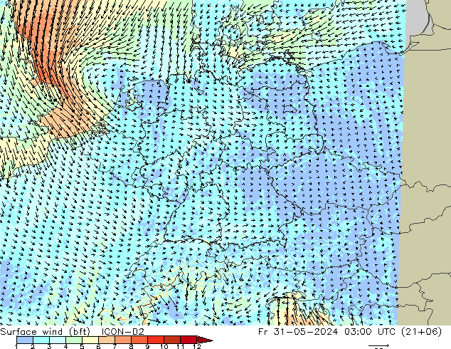 Vent 10 m (bft) ICON-D2 ven 31.05.2024 03 UTC