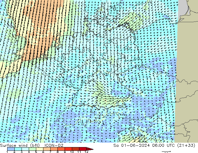 10 m (bft) ICON-D2  01.06.2024 06 UTC