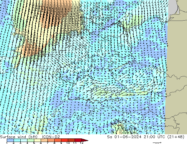 Surface wind (bft) ICON-D2 Sa 01.06.2024 21 UTC