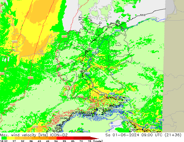 Max. wind velocity ICON-D2 Sáb 01.06.2024 09 UTC