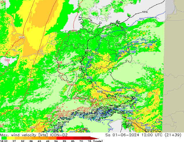 Max. wind velocity ICON-D2 Sa 01.06.2024 12 UTC