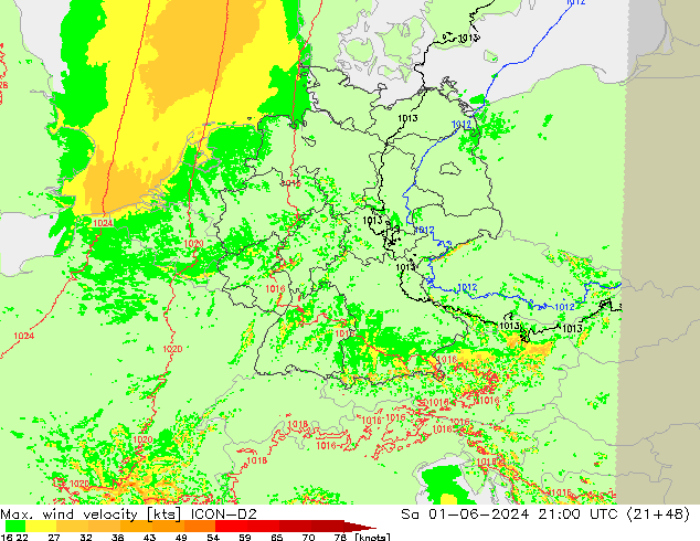 Max. wind velocity ICON-D2 Sáb 01.06.2024 21 UTC