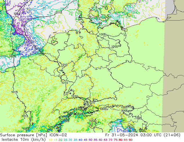 Isotachs (kph) ICON-D2 Fr 31.05.2024 03 UTC