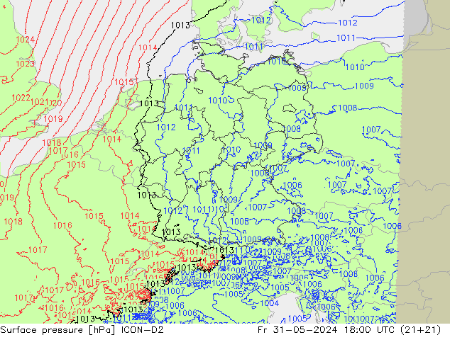 地面气压 ICON-D2 星期五 31.05.2024 18 UTC