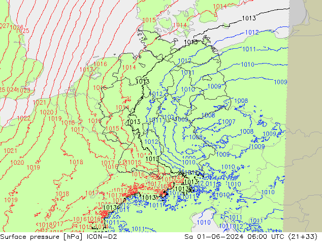 Surface pressure ICON-D2 Sa 01.06.2024 06 UTC