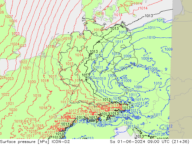 Presión superficial ICON-D2 sáb 01.06.2024 09 UTC