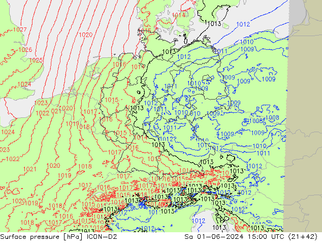 Surface pressure ICON-D2 Sa 01.06.2024 15 UTC