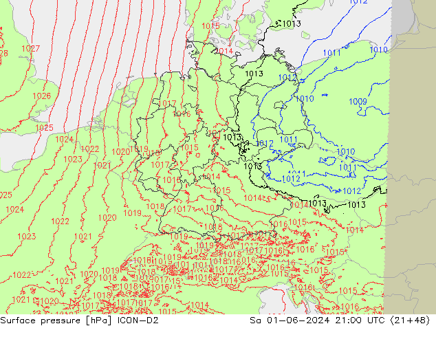 pressão do solo ICON-D2 Sáb 01.06.2024 21 UTC