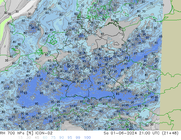 RH 700 hPa ICON-D2 so. 01.06.2024 21 UTC