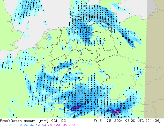 Precipitation accum. ICON-D2 Fr 31.05.2024 03 UTC