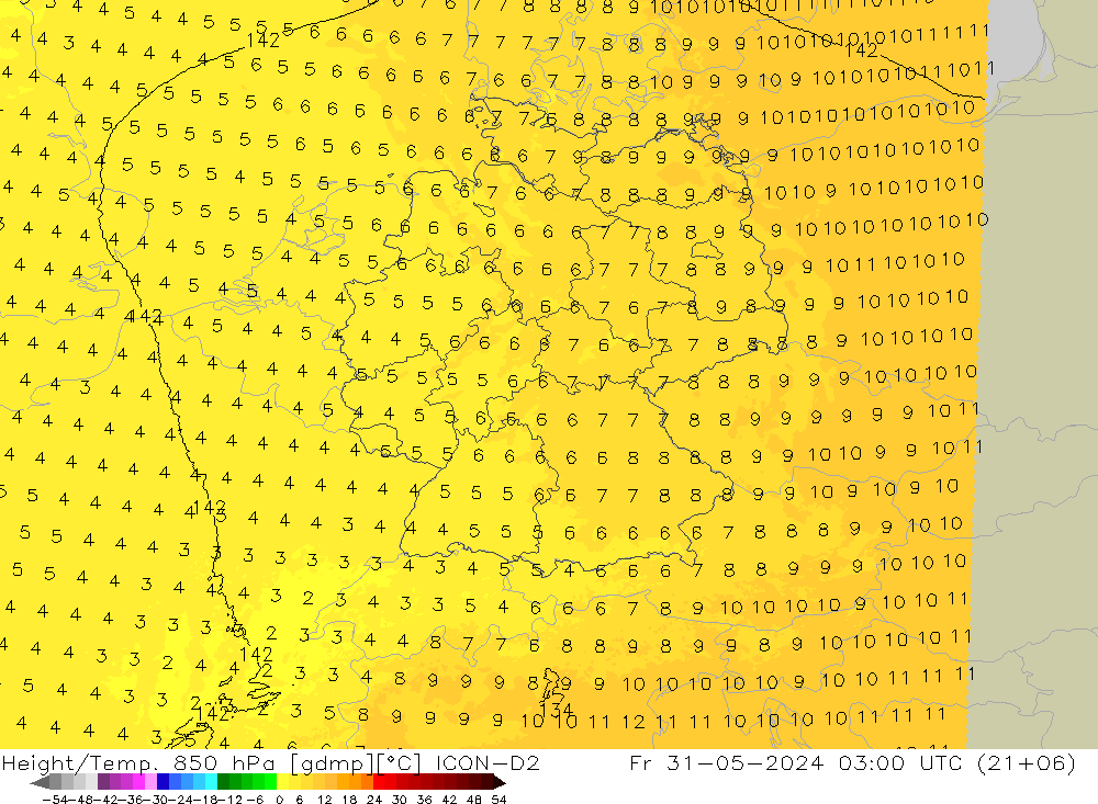 Height/Temp. 850 hPa ICON-D2 Sex 31.05.2024 03 UTC