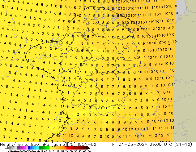 Geop./Temp. 850 hPa ICON-D2 vie 31.05.2024 09 UTC