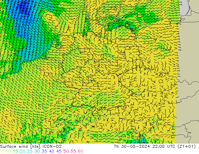 Surface wind ICON-D2 Th 30.05.2024 22 UTC