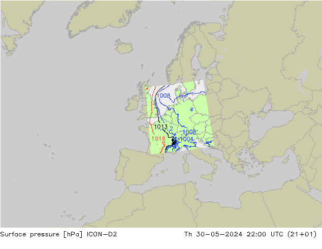 地面气压 ICON-D2 星期四 30.05.2024 22 UTC
