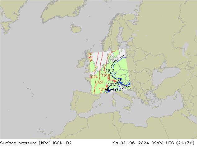 Surface pressure ICON-D2 Sa 01.06.2024 09 UTC